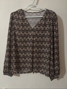 LOFT Black & Cream V-Neck Long Sleeve Printed Blouse